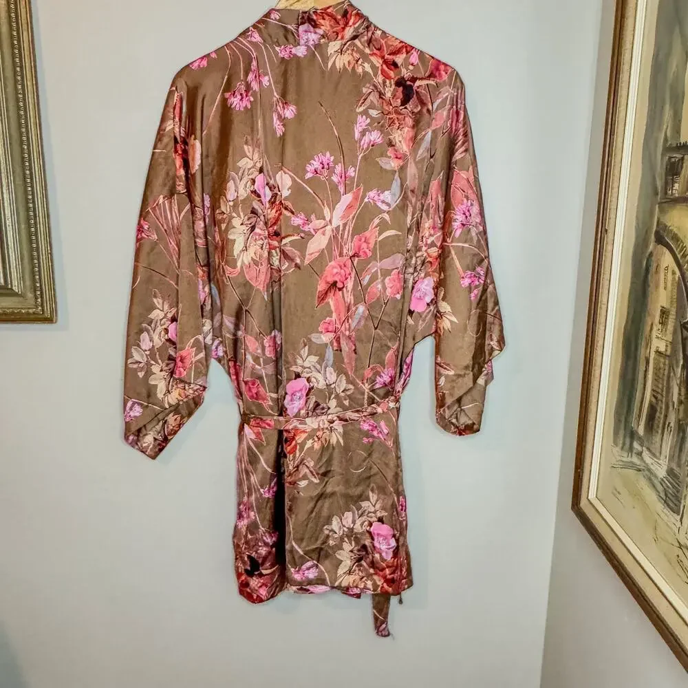 Midnight Bakery Floral Satin Kimono Robe & Lace Trim Slip Dress Set Size L